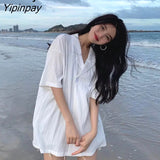 Yipinpay Summer Short Sleeve Button Chiffon Women Shirt Korean style Stripe Loose Ladies Blouse Beach Vacation Female Clothes Tops