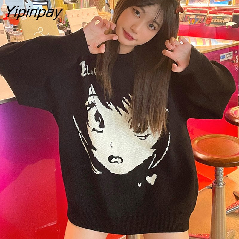 Yipinpay Women's Jumper Sweater Ladies Oversize Anime Pullover Y2k Aesthetic Tops Long Sleeve Korean Fashion Goth Winter Vintage Clothing