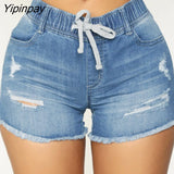 Yipinpay Cotton Elastic Waist Ripped Stretch Denim Shorts Women Summer Pockets High-Waist Distressed Sexy Hole Skinny Jean Shorts