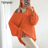 Yipinpay Women Ripped Knit Baggy Sweater Pullovers Long Sleeve Tops Female Jumper V Neck Autumn Winter Streetwear Knitted Sweaters