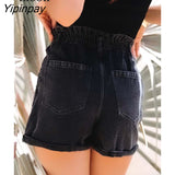 Yipinpay Cotton Button Elastic Waist Stretch Denim Shorts Woman High Waist Bottoms With Pockets Trendy High-Waisted Denim Shorts