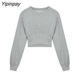 Yipinpay 2023 Winter Minimalist Slim Waist Women Sweatshirt Korean Style O Neck Long Sleeve Ladies Crop Tops Hoodies Female Tops