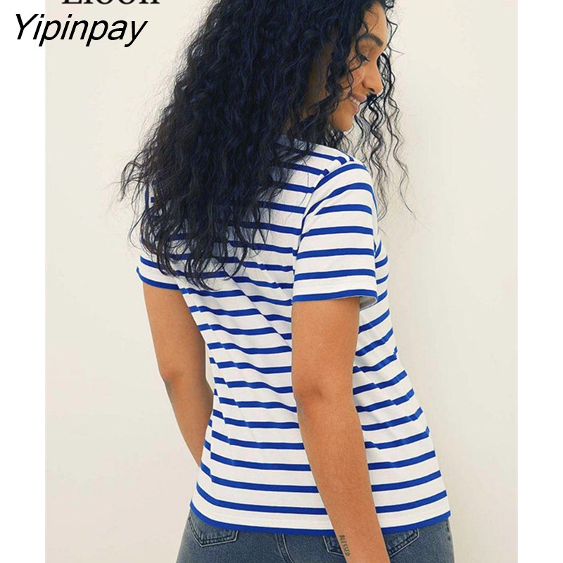 Yipinpay Summer Striped T Shirt Women Loose Top New 2023 Casual All Match Basic Tees O Neck Baggy Tshirt Streetwear Cotton Tops