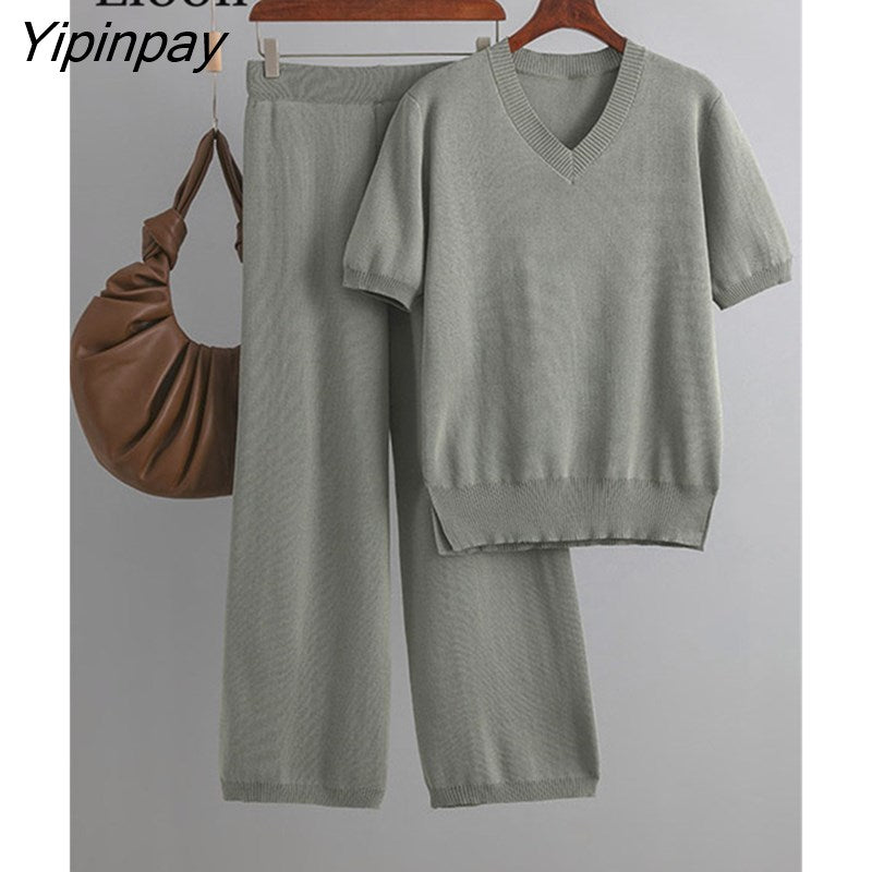 Yipinpay Two Piece Loose Set Women Slit Tops And Straight Leg Pants High Waist Streetwear 2023 Summer Knitwear Baggy Outfits Sets