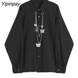 Yipinpay 2023 Spring Streetwear Long Sleeve Black Shirt Blouse Women Gothic Butterfly Chain Button Up Oversize Shirts Loose Tops
