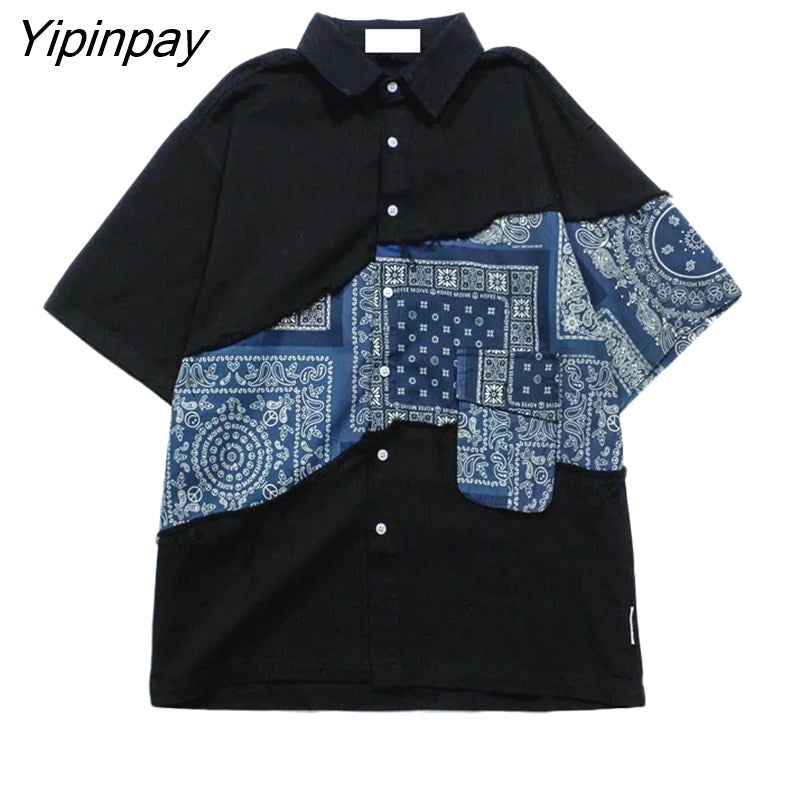 Yipinpay 2023 Summer Y2K Short Sleeve Oversize Shirt Women Street Style Patchwork Print Button Up Ladies Blouse Tunic Female Tops