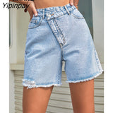 Yipinpay Tassel Ripped Straight Jean Short Women High Waist Bottoms Streetwear With Pockets Distressed Sexy Hole Denim Shorts