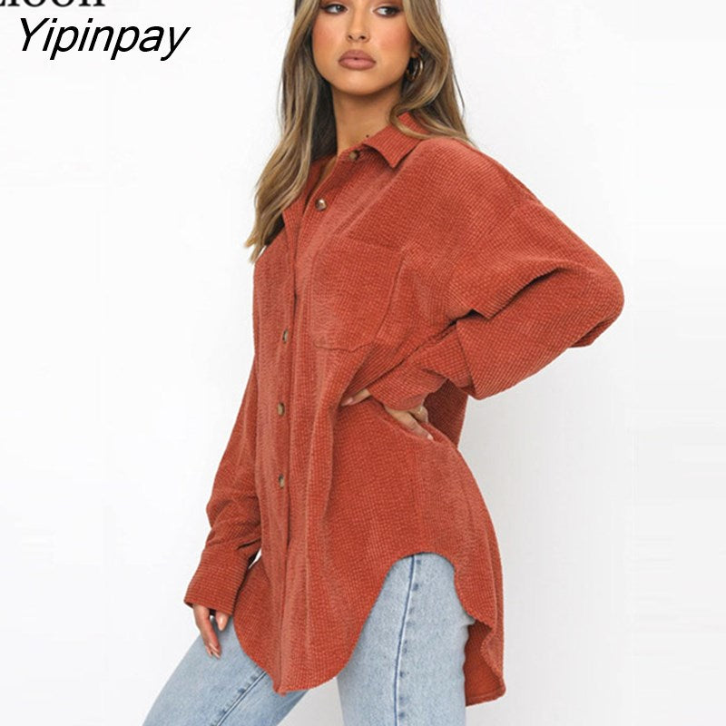 Yipinpay Corduroy Baggy Cardigan Jacket Women Fall 2023 Turndown Collar Button Up Pockets Streetwear Loose Thin Coats And Jackets