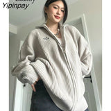 Yipinpay 2023 Winter Streetwear Long Sleeve Zipper Knit Cardigan Women Letter Appliques Oversize Ladies Sweater Casual Female Coat