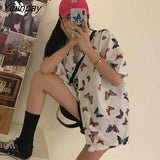 Yipinpay Vitage Short Sleeve Loose Women Blouse Shirt Y2K Butterfly Printing Button Up Pockets Womens Shirts 2023 Summer Y2K Tops