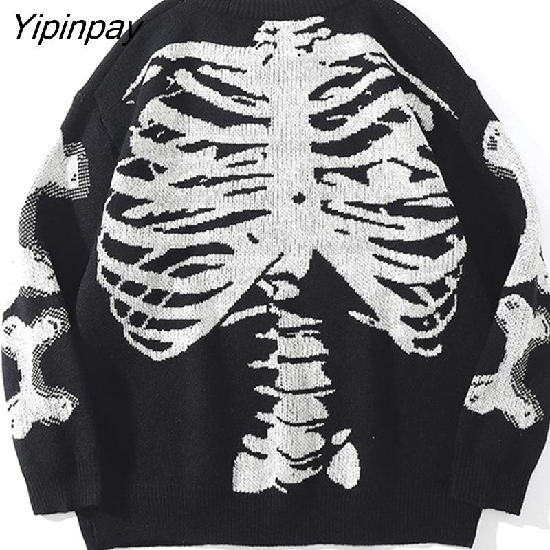 Yipinpay Men Oversized Sweater Black Loose Skeleton Bone Print Women Vintage Retro Knitted Sweater 2023 Autumn Cotton Pullover Unisex