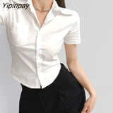 Yipinpay 2023 Summer Streetwear Short Sleeve Slim Women's White Shirt Korea Style Button Woman Crop Top Blouse Y2K Sexy Clothing