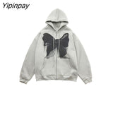 Yipinpay Fashion Oversized Butterfly Rosette Graphic Bow-Knot Zip Up Hoodies E-girl 90s Streetwear Bow Grey Long Jacket Autumn