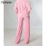 Yipinpay Long Sleeve Shirts With Bra Sets Woman Two Pieces Set Solid Pleated Trouser Suits Female Fashion Straight Pants Outfits