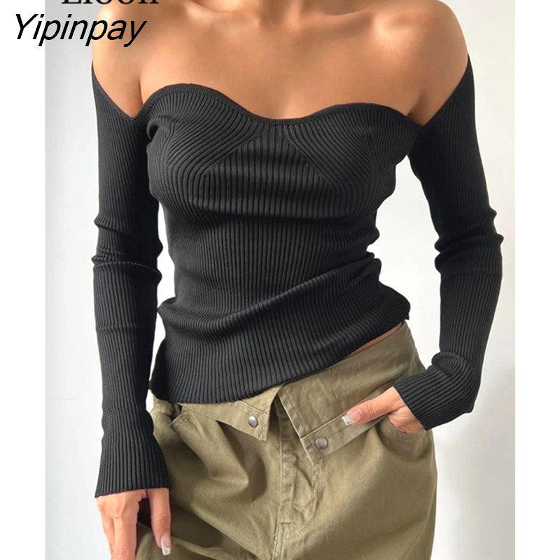Yipinpay Sexy Off Shoulder Knit Corset Tops Women Ribbed T Shirt Long Sleeve Black White Basic Tees Tshirt Streetwear Bodycon Tops