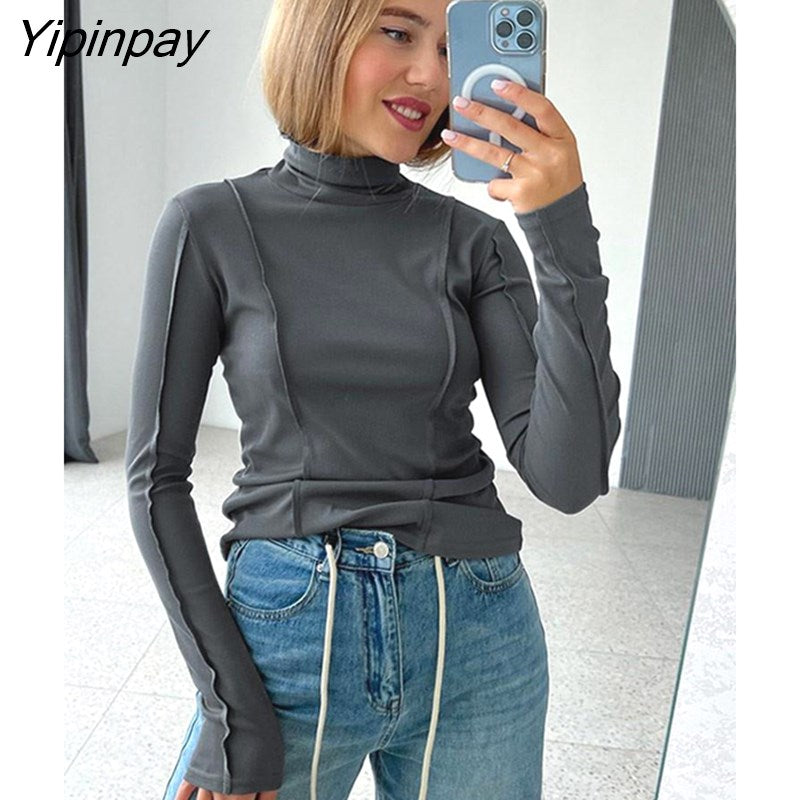 Yipinpay Solid Long Sleeve T Shirts Spring Women Solid Turtleneck Elegant Bright Line Slim Soft Tees 2023 Y2K Ladies Blouse