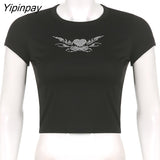 Yipinpay Butterfly Print 90s T Shirts Gothic Clothing Grunge Y2k Clothes Sexy Black Short Sleeve O-neck Crop Top T-shirt Women