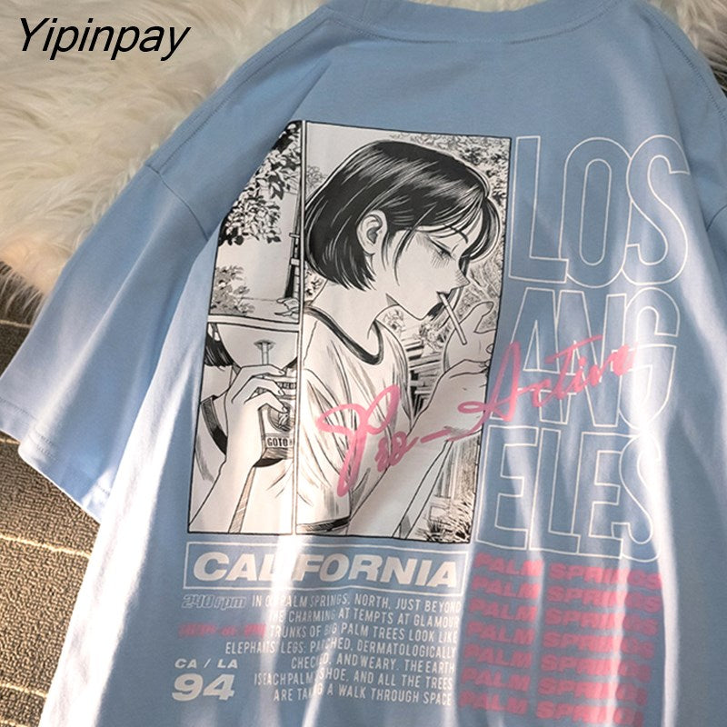 Yipinpay T-Shirt Streetwear Hip Hop Anime Girl Smoking Letter Print Harajuku Cotton Summer Short Sleeve Tops Tees Goth Clothing