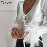Yipinpay Women Sexy V-neck Feathers Lace Up Ribber Knitted Top Long Sleeve Skinny T-Shirt Tops 2023 Female Y2K Club Fashion Cropped Tees