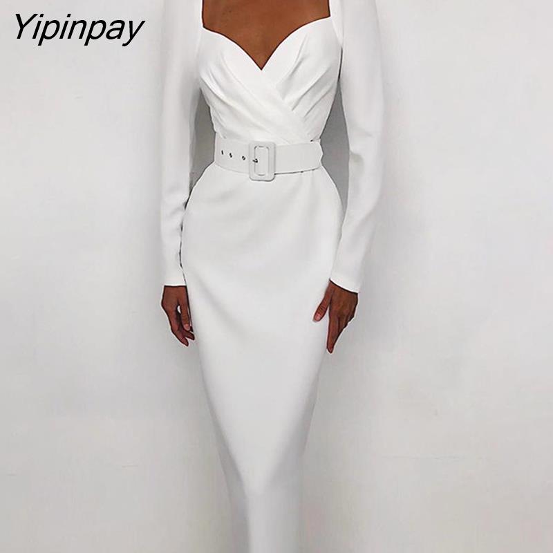 Yipinpay Spring Full Sleeve V Neck Women Long Dress Elegant Sashes Solid Elasticity Cotton Sexy Dresses Empire Party Evening Dress