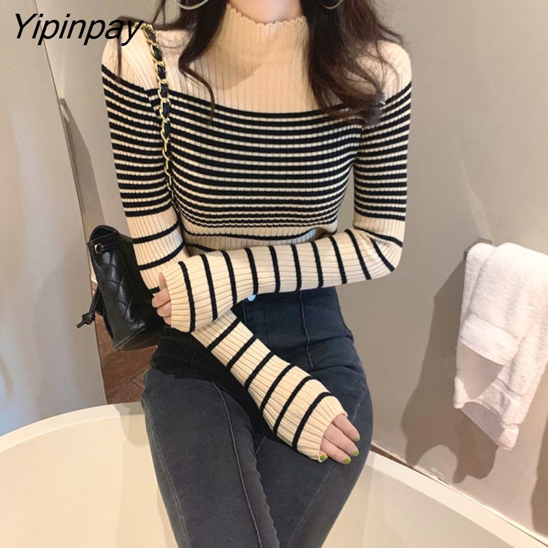 Yipinpay style Striped Slim Elasticity Women's Sweaters Turtleneck Long Sleeve Sweater Women 2023 Winter Autumn Female Pullovers