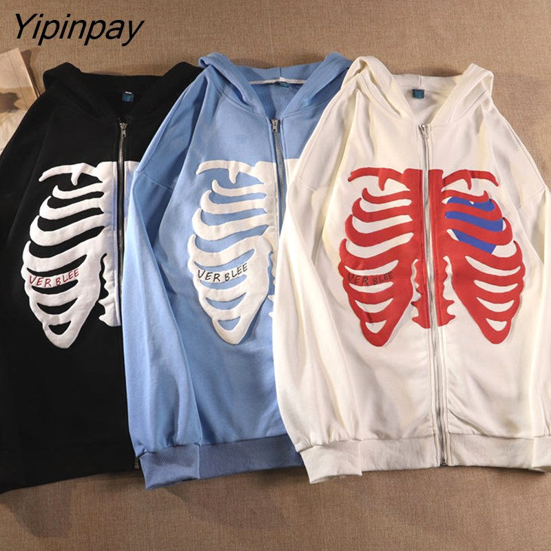Yipinpay Women's Sweatshirt Skelet Printing Streetwear Oversized Zip Hoodie Long Sleeve Top Harajuku Korean Cardigan Jackets Goth Clothes 319