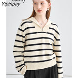 Yipinpay 2023 Winter Office Lady Long Sleeve Striped Knit Sweaters Women Korea Style Zipper Turn Down Collar Pullovers Female Tops