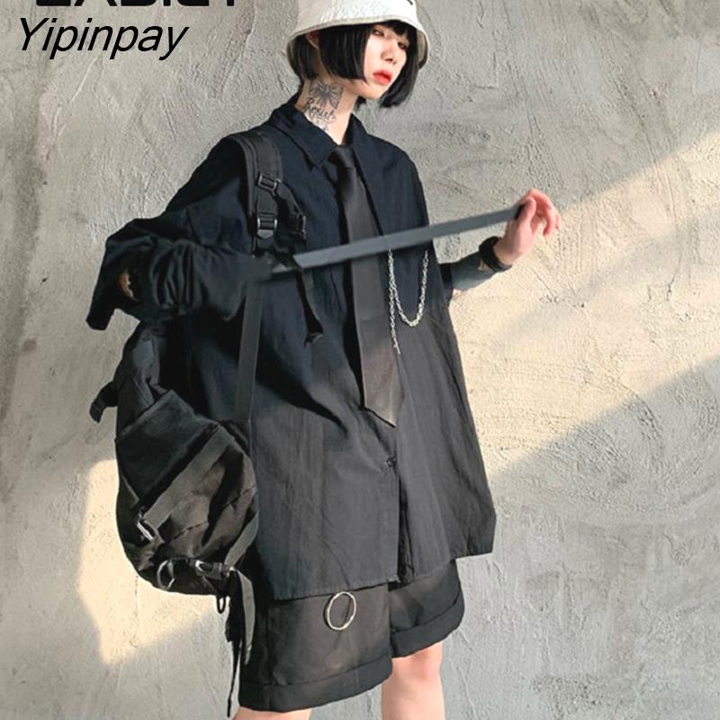 Yipinpay Street Style Short Sleeve Tie Black Shirt Women Y2K Oversize Button Up Ladies Blouse 2023 Summer Loose Gothic Tops