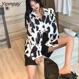 Yipinpay Street Style Oversize Women's Tunic Shirt Cow pattern print Long Sleeve Ladies Blouse Button Up Loose Plus Size Female Tops