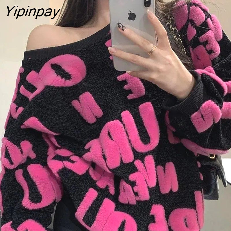 Yipinpay 2023 Winter Oversize Long Sleeve Women Sweater Streetwear O Neck Letter Embroidery Knit Ladies Pullover Female Clothing