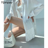 Yipinpay 2023 Autumn Long Sleeve Tassel Chiffon White Shirt Women Street Style Button Stripe Blouse Casual Female Clothing Tops