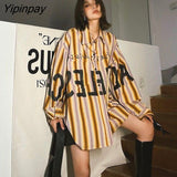 Yipinpay Street Style Oversize Letter Print Shirt Women Long Sleeve Striped Button Up Shirts Blouse 2023 Summer Loose Tops Clothes