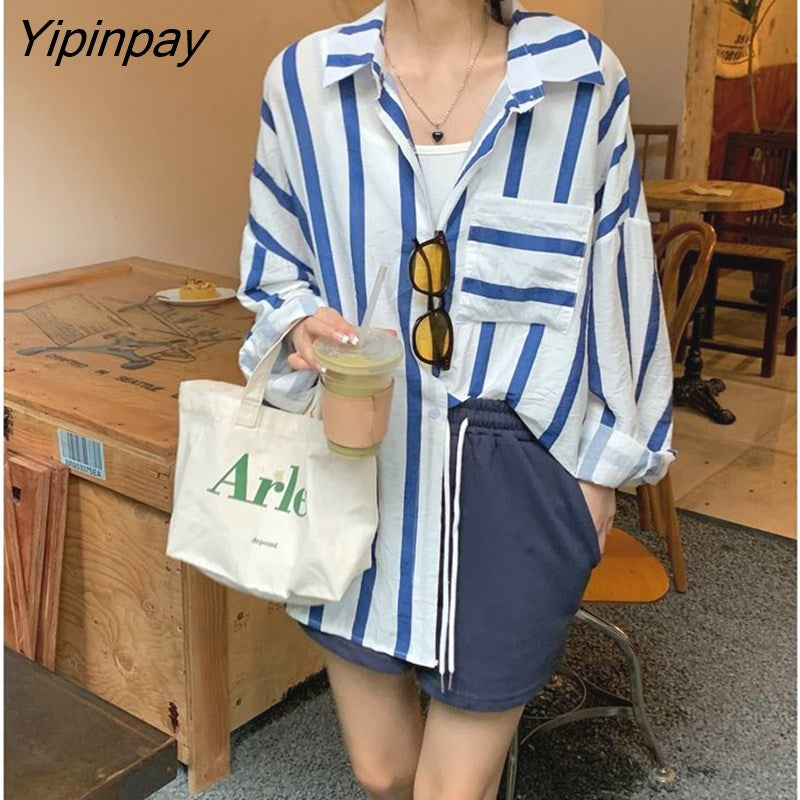 Yipinpay 2023 Summer Fashion Oversize Long Sleeve Shirt Women Vintage Stripe Button Up Ladies Blouse Work Female Clothing Tops