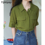 Yipinpay 2023 Summer Casual Short Sleeve Chiffon Shirt Women Vintage Pocket Button Ladies Ladies Blouse Female Clothing Tops