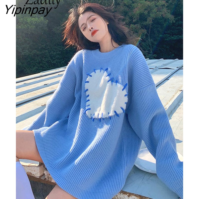 Yipinpay 2023 Winter Korean Style Long Sleeve Heart Appliques Knit Sweater Women Casual O Neck Ladies Pullover Female Clothing Top