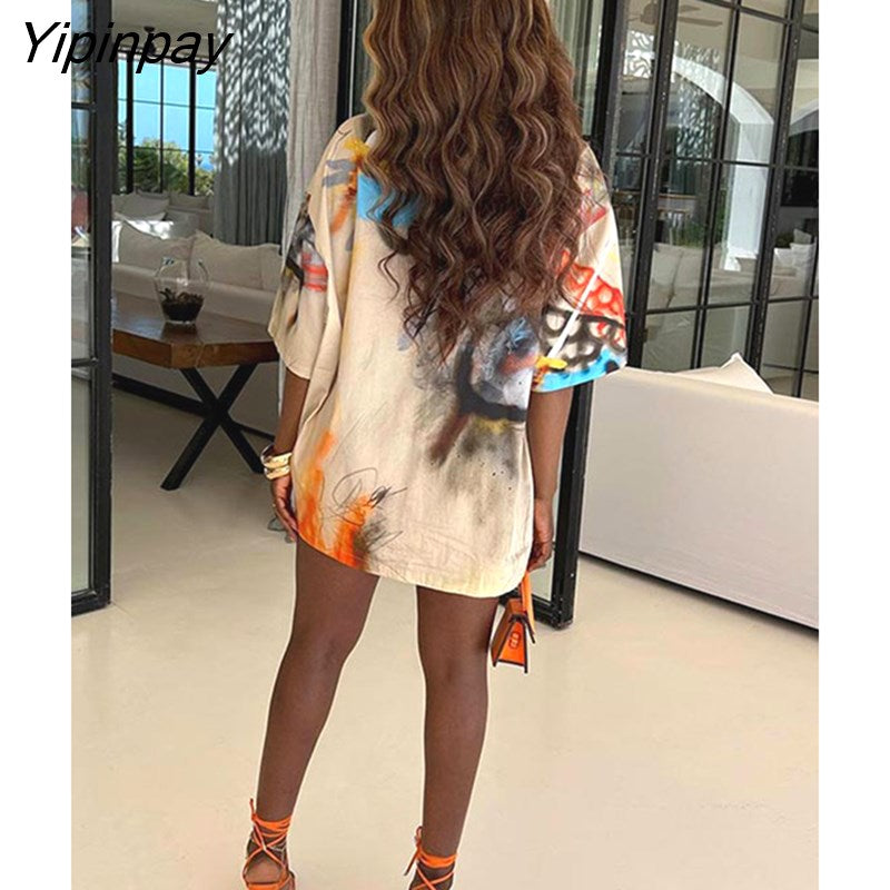 Yipinpay Printed Single Breasted Shirt Fashion Casual Contrast Color Mid Length Short Sleeve 2023 Summer Temperament Commuter Style