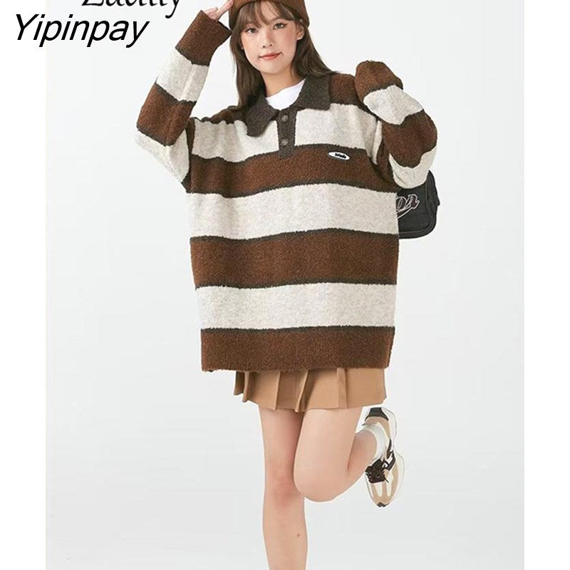 Yipinpay 2023 Winter Vintage Striped Turn Down Collar Mohair Women Sweater Korea Style Oversize Long Sleeve Polo Pullovers Tops