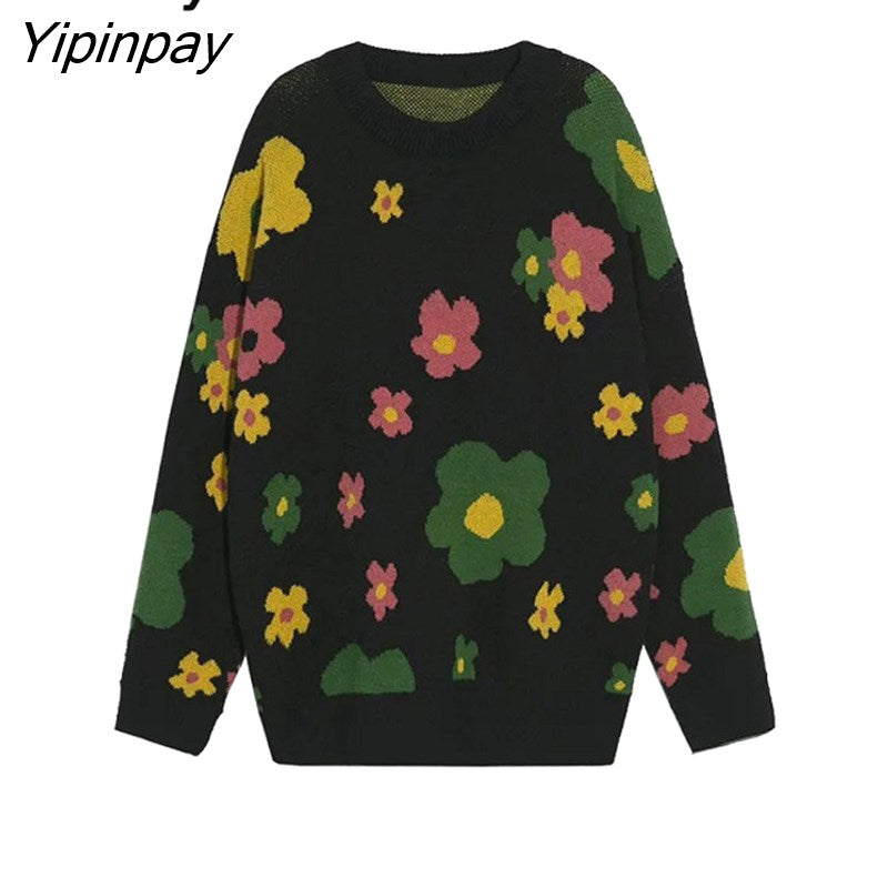 Yipinpay Winter Korean style Floral Embroidery Women Warm Sweater INS Long Sleeve O Neck Knit Ladies Pullover Female Clothing Tops