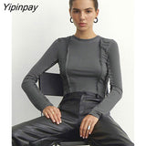 Yipinpay Women Line Decoration Solid T-shirts Casual Fashion O-Neck Long Sleeve Slim Soft Tops 2023 Ladies Elegant Clothing Basic Tees