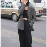 Yipinpay 2023 Autum Oversize Long Sleeve Gray Women Blazer Unisex Style Solid BF Loose Suit Blazers Winter Female Clothing Coat