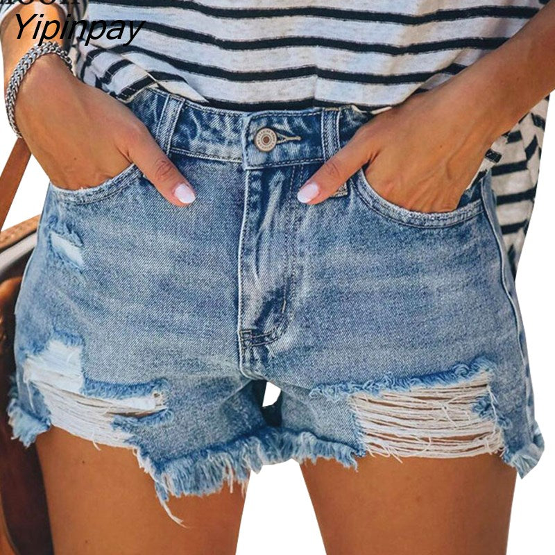 Yipinpay Ripped Skinny Jean Shorts With Tassel Women Mid Waist Summer Streetwear Pockets Distressed Washed Blue Hole Denim Shorts