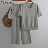Yipinpay Two Piece Loose Set Women Slit Tops And Straight Leg Pants High Waist Streetwear 2023 Summer Knitwear Baggy Outfits Sets