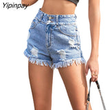 Yipinpay Women Button Up Ripped Tassel Jeans Shorts Summer Streetwear Pockets Blue Distressed High Waist Sexy Hole Denim Shorts