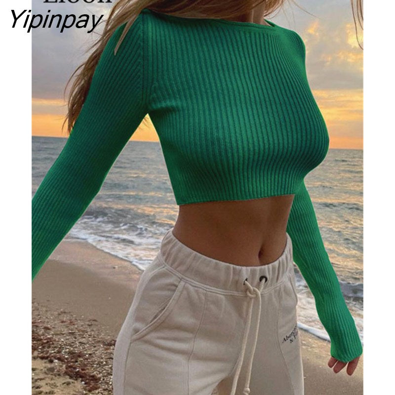Yipinpay Sexy Knit Short T Shirt Ribbed Bodycon Tops For Women 2023 Autumn Long Sleeve Bacis Tees Streetwear Knitting Crop Tops