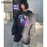 Yipinpay Women T-Shirts Oversized Y2k Streetwear Washed Long Sleeve Tops Harajuku Graphic Goth Vintage Korean Fashion Aesthetic Clothing