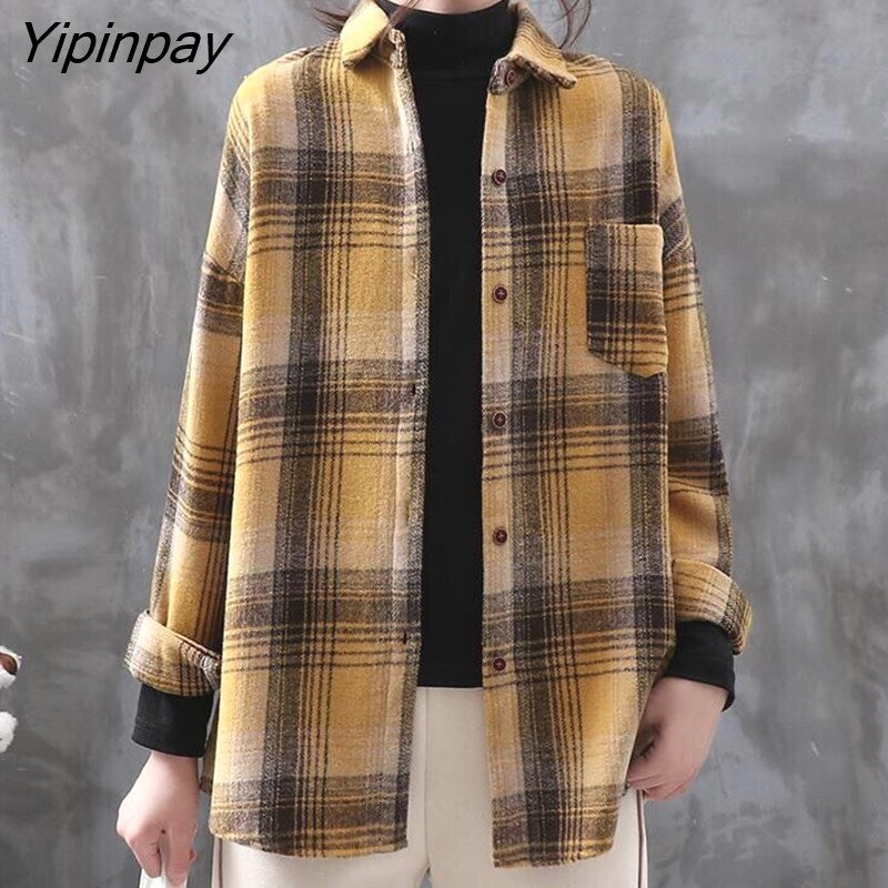 Yipinpay 2023 Winter Korean Style Long Sleeve Loose Plaid Shirt Women Causal Button Up Tunic Blouse Female Tops Clothing