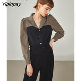 Yipinpay 2023 Spring Office Lady Long Sleeve Notched Neck Shirt Women France Style Patwork Button Black Shirts Work Blouse Clothes