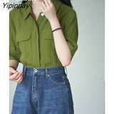 Yipinpay 2023 Summer Casual Short Sleeve Chiffon Shirt Women Vintage Pocket Button Ladies Ladies Blouse Female Clothing Tops