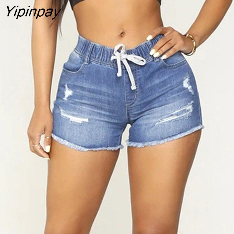 Yipinpay Cotton Elastic Waist Ripped Stretch Denim Shorts Women Summer Pockets High-Waist Distressed Sexy Hole Skinny Jean Shorts