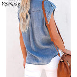 Yipinpay Blue Denim Shirt Women Tops And Blouses With Pockets Streetwear Short Sleeve Turndown Collar Button Up Sexy Jean Shirts